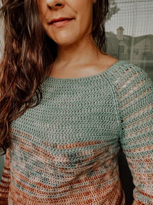 Shoreline Raglan crochet sweater pattern with lace sleeves